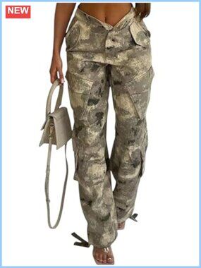 Women's Camo Cargo Pants Baggy Wide Leg Joggers Flap Pockets
